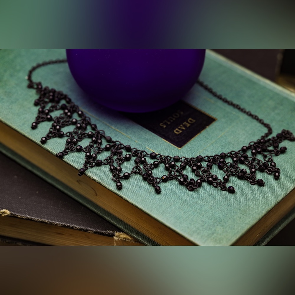 Black lace design, choker necklace with glass beads.